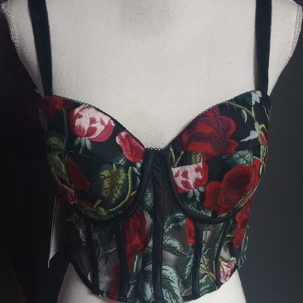 Guess Black Bustier with Red and Green Floral Embroidery